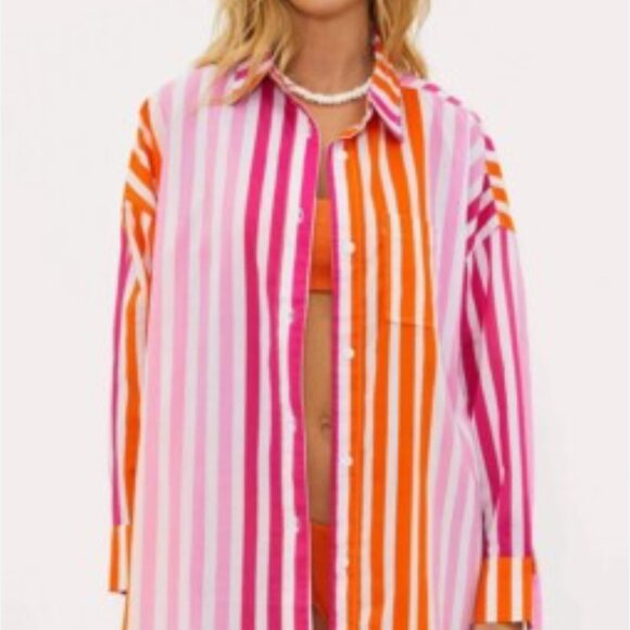 Beach Riot NEW Alexa Pink Striped Cotton Oversized Button Up Tunic Top size S/M - Picture 3 of 10